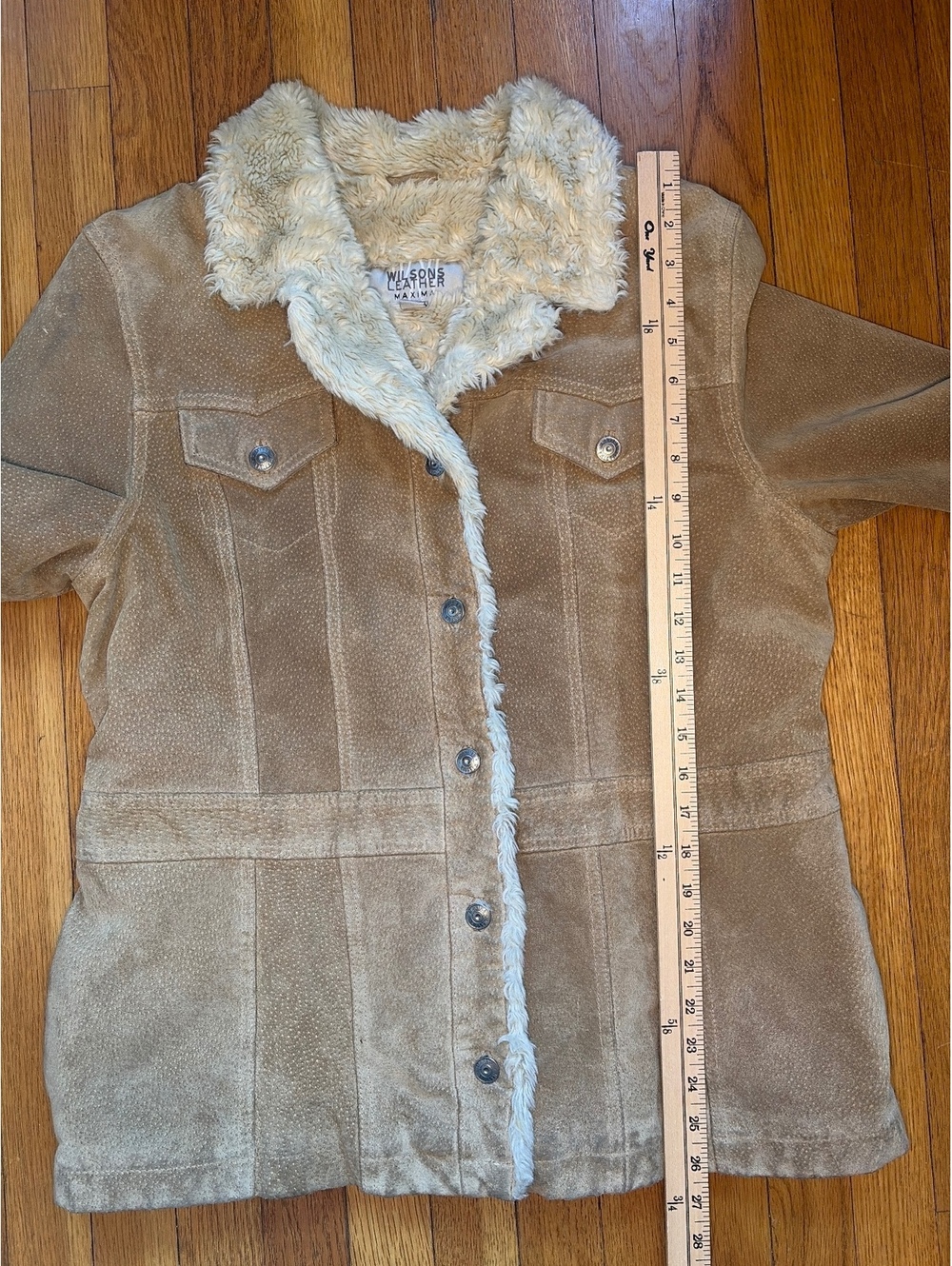 Vintage Wilsons XL Tan Distressed Suede Sherpa Trim Coat 70s Western Americana - Picture 5 of 11